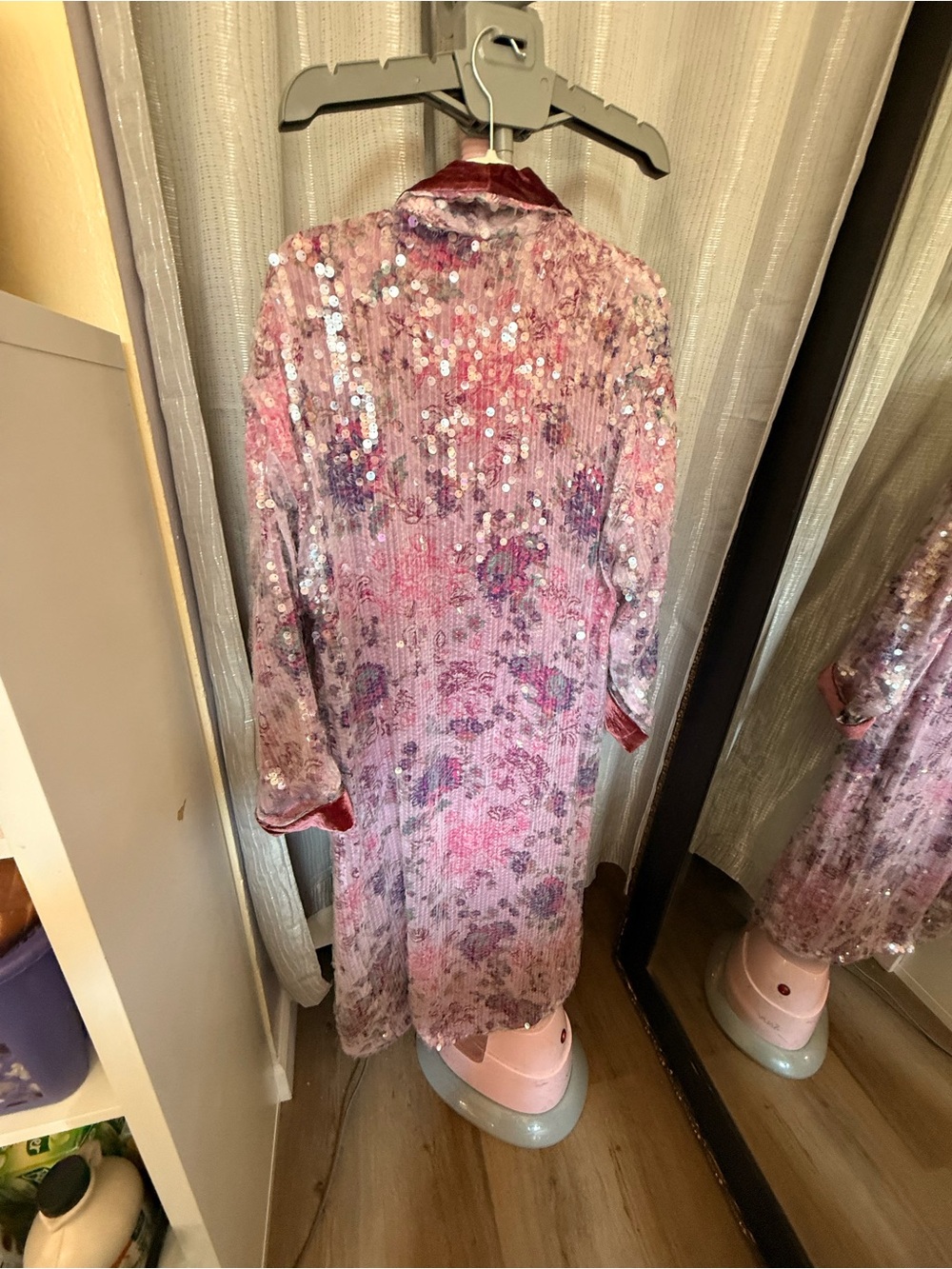 Free People Pink Sequin Floral Long Coat with Velvet Trim